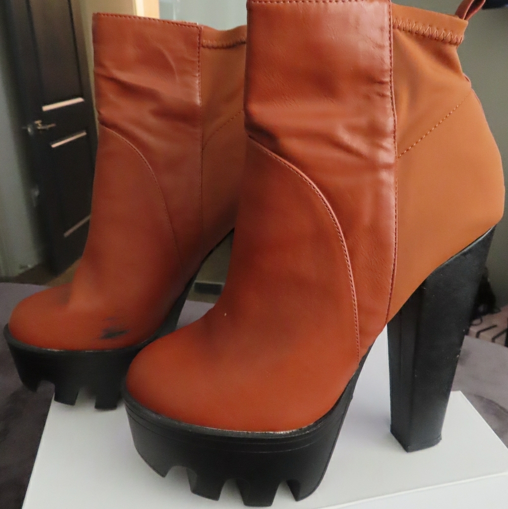 Tan, Platform, High Heel, Booties